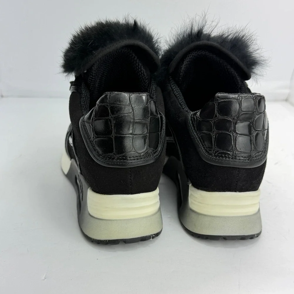 Ash Wedge Sneakers Women 36(6) Black Faux Fur Croc Embossed Suede Platform Shoes